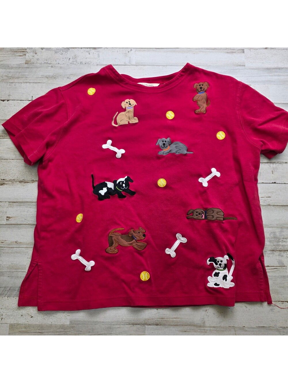 Bechamel Petites Womens T-Shirt L XL Red Dog Bone Tennis Ball Embroidered Cotton